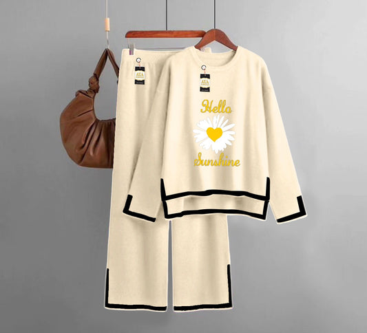 Sun Flower  Printed Turkish Winter Co-Ord Set for Women - Warm & Stylish Loungewear Beige