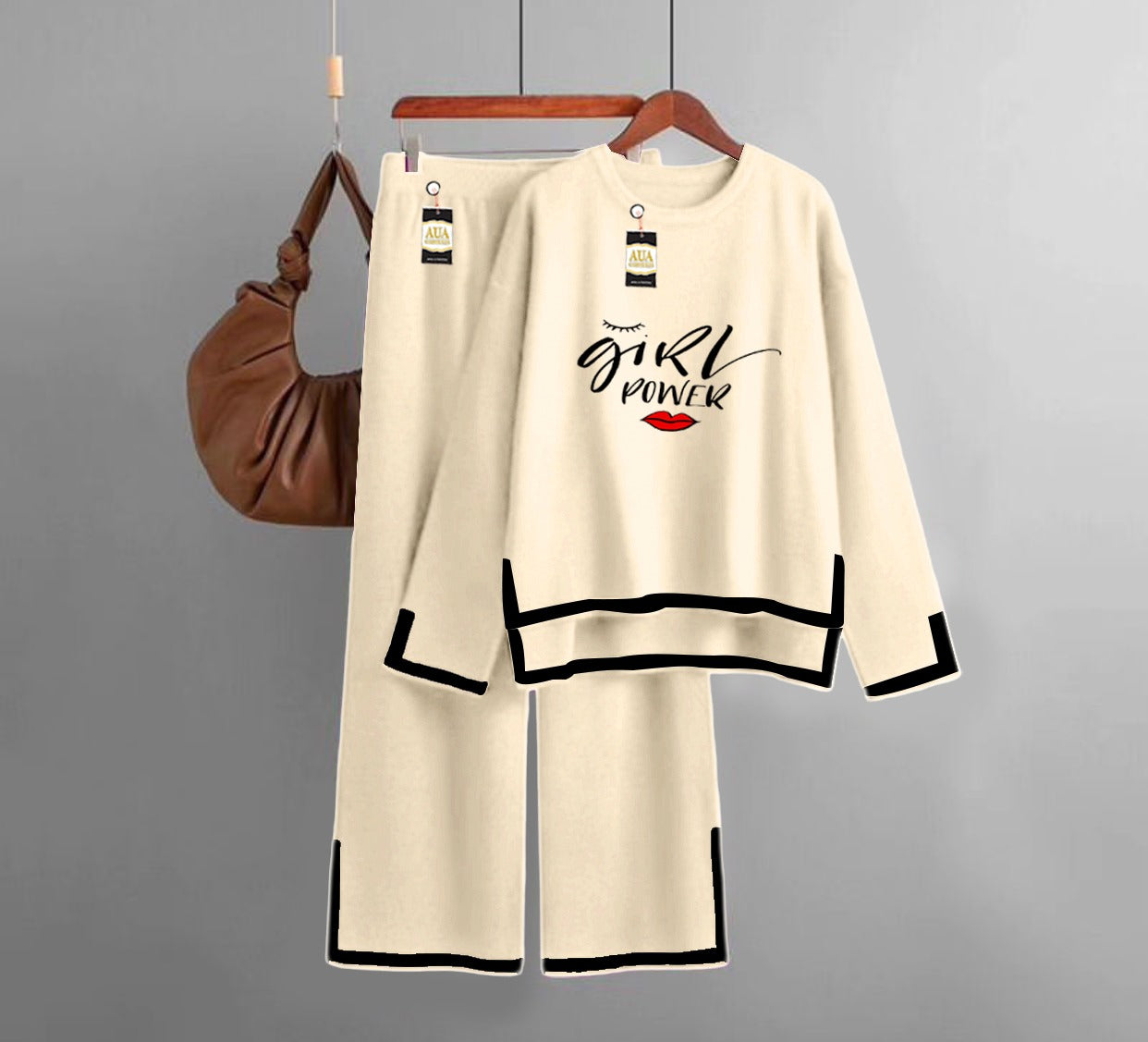 Power Girl  Printed Turkish Winter Co-Ord Set for Women - Warm & Stylish Loungewear Beige