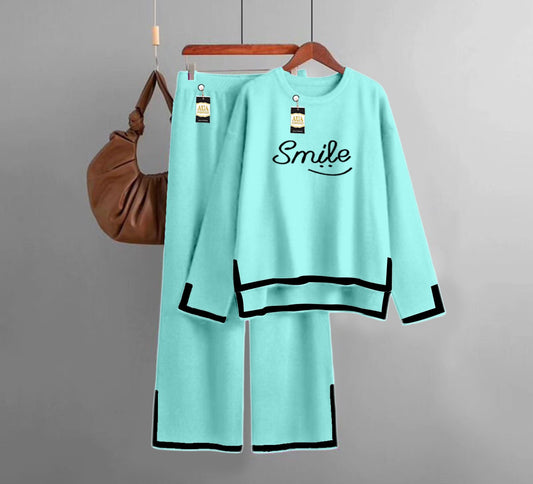 Smile  Printed Turkish Winter Co-Ord Set for Women - Warm & Stylish Loungewear Sky Blue