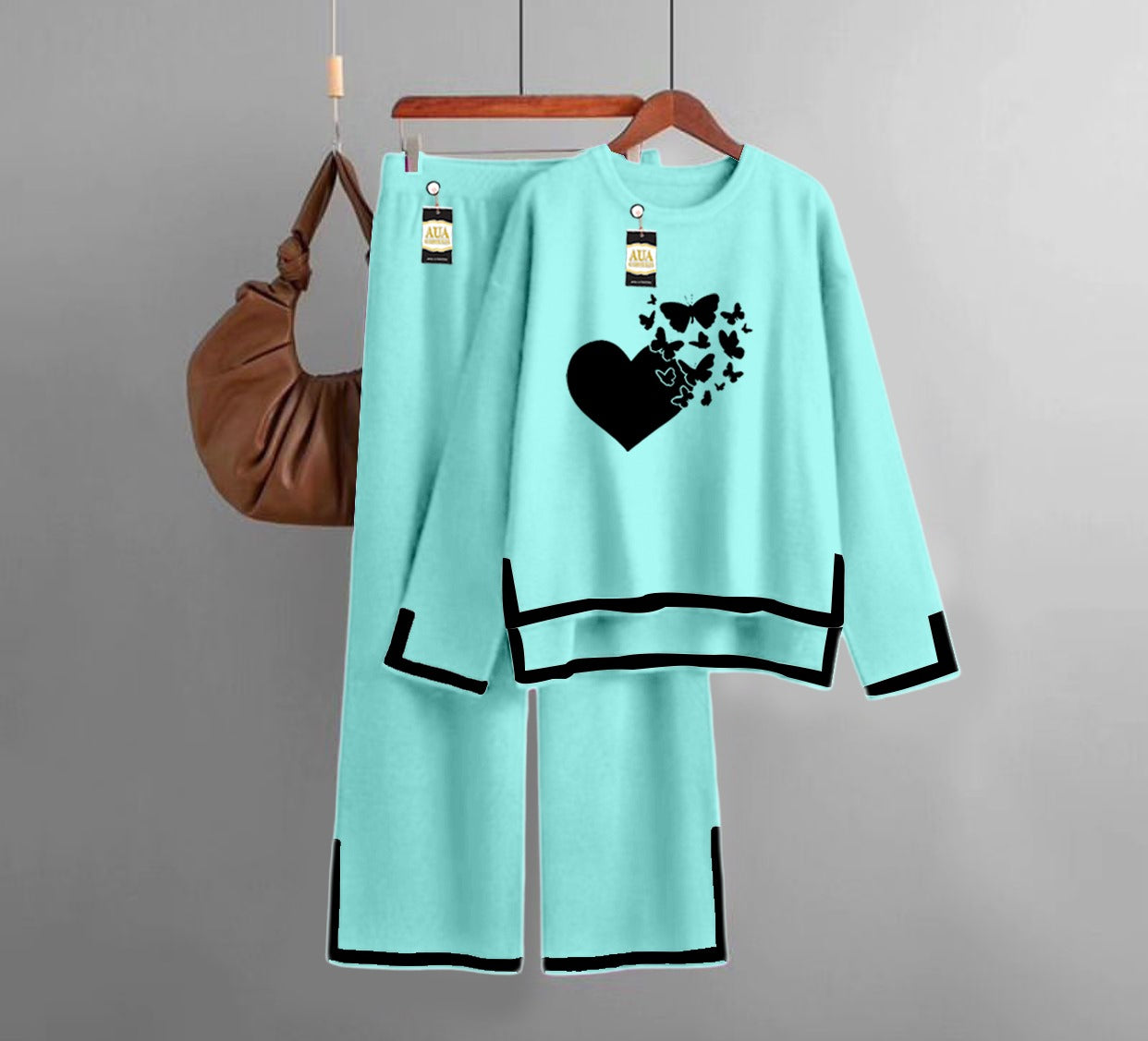 Flying Butterfly Heart Printed Turkish Winter Co-Ord Set for Women - Warm & Stylish Loungewear Sky Blue