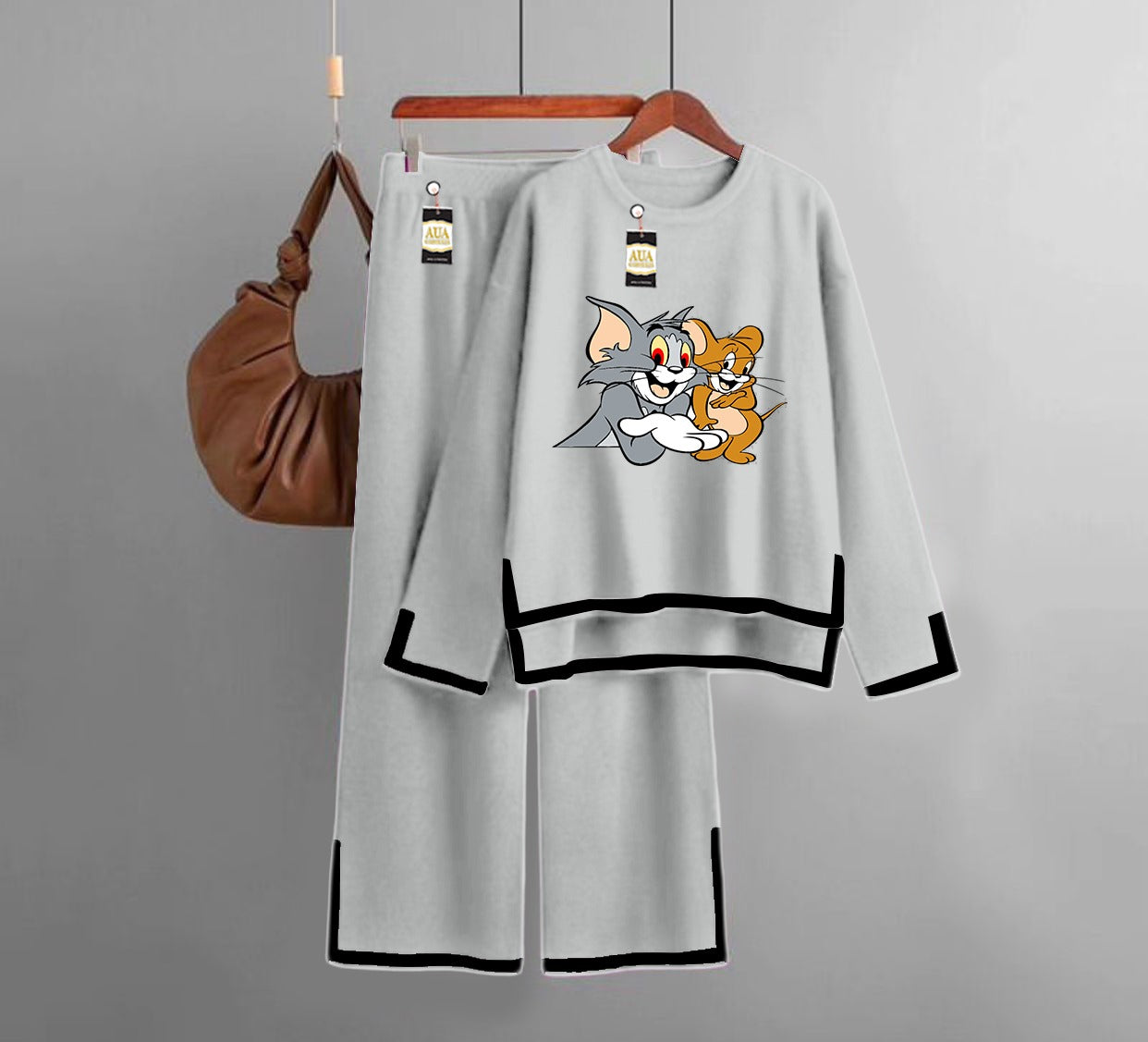 Tom & Jerry  Printed Turkish Winter Co-Ord Set for Women - Warm & Stylish Loungewear LIght Grey