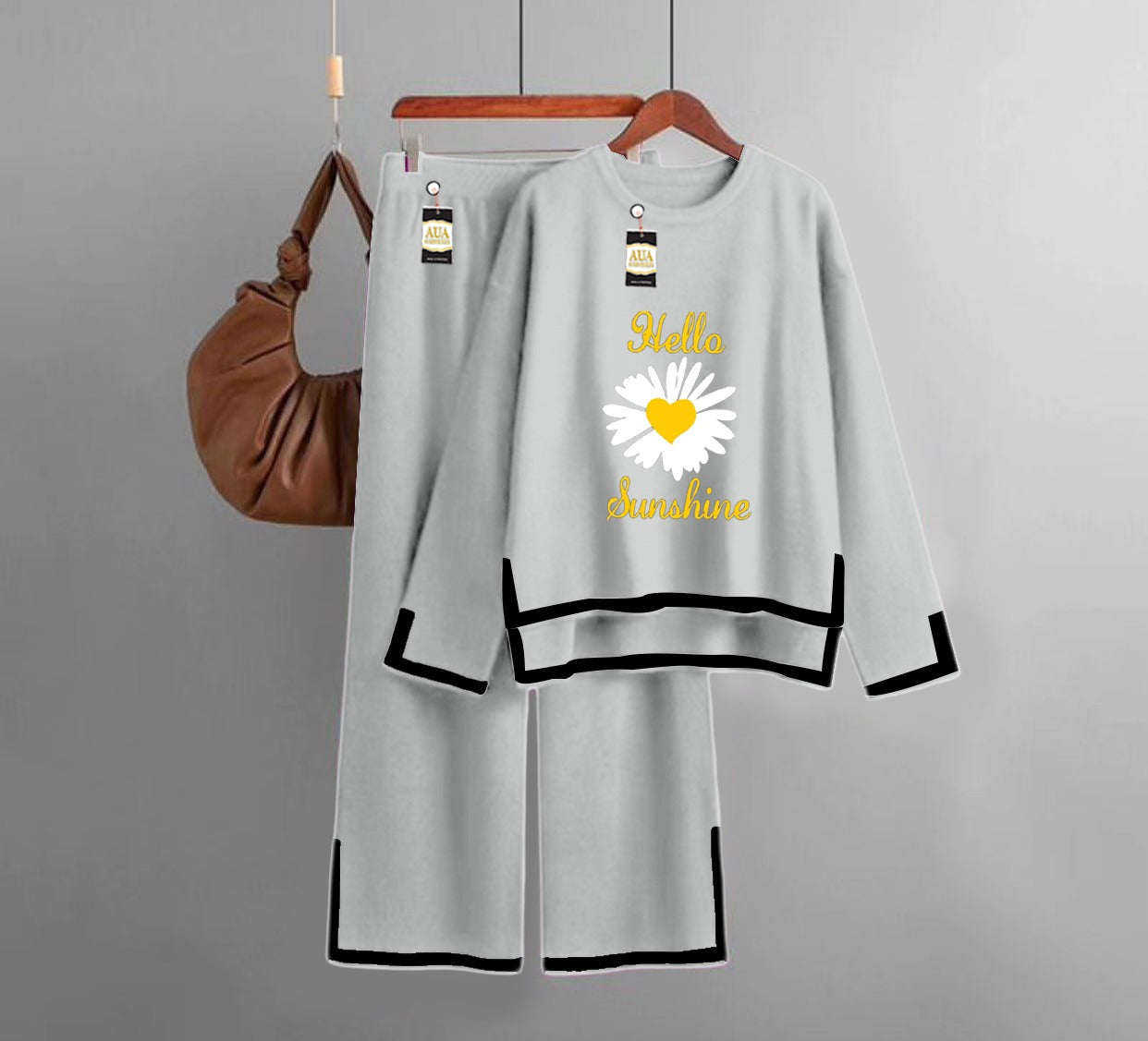 Sun Flower  Printed Turkish Winter Co-Ord Set for Women - Warm & Stylish Loungewear LIght Grey