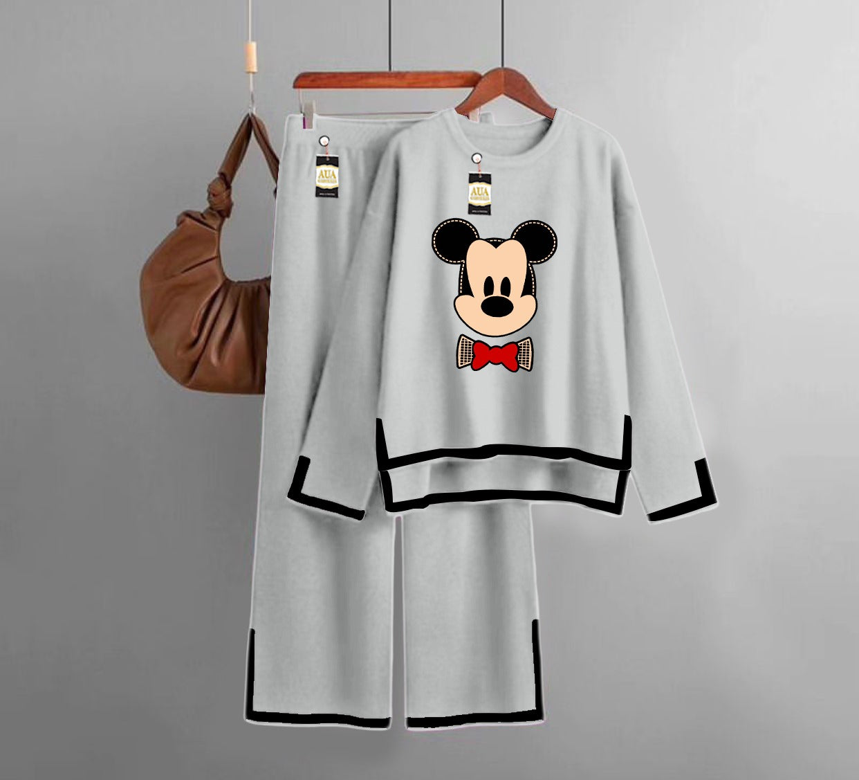 Mickey Mouse  Printed Turkish Winter Co-Ord Set for Women - Warm & Stylish Loungewear LIght Grey