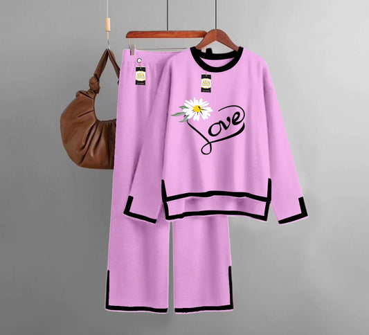 Love Flower  Printed Turkish Winter Co-Ord Set for Women - Warm & Stylish Loungewear Baby Pink