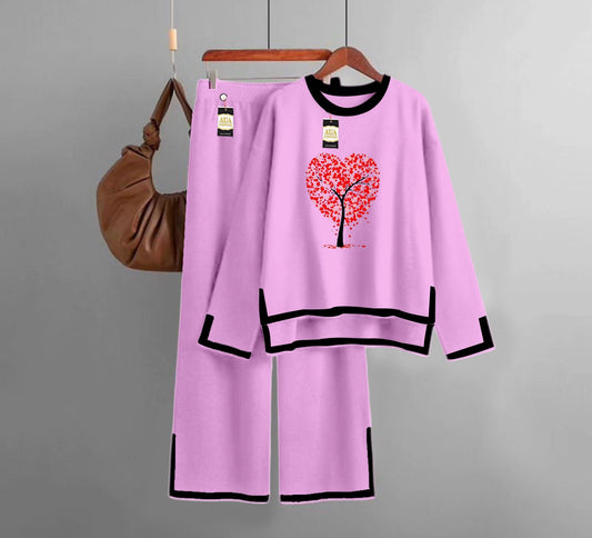 Tree Heart Printed Turkish Winter Co-Ord Set for Women - Warm & Stylish Loungewear Baby Pink