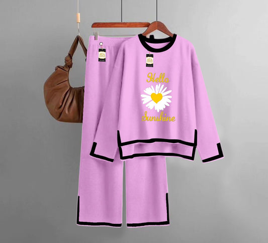 Sun Flower Printed Turkish Winter Co-Ord Set for Women - Warm & Stylish Loungewear Baby Pink