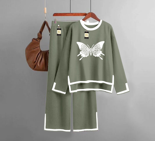 Butterfly Printed Turkish Winter Co-Ord Set for Women - Warm & Stylish Loungewear green