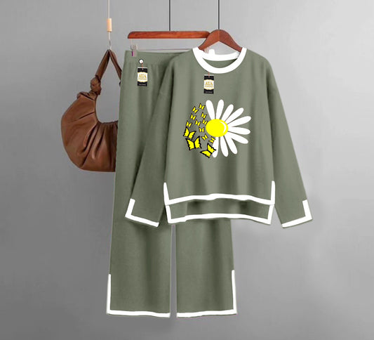 Sun Flower Printed Turkish Winter Co-Ord Set for Women - Warm & Stylish Loungewear green