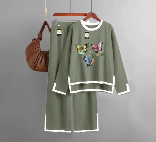 Multi Butterfly Printed Turkish Winter Co-Ord Set for Women - Warm & Stylish Loungewear green