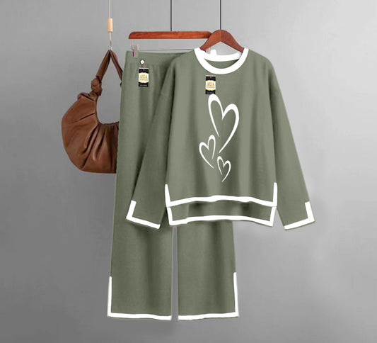Multi Heart Printed Turkish Winter Co-Ord Set for Women - Warm & Stylish Loungewear green