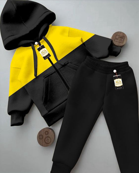 Plan  Stylish Black & Yellow Kids' Tracksuit Set with Zipper Hoodie and Trousers (1-10 Years)"