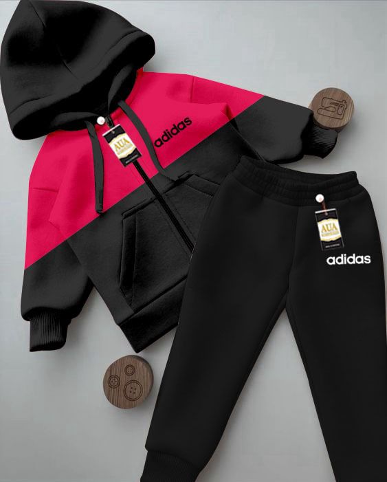 Addidas Printed Stylish Black & Red Kids' Tracksuit Set with Zipper Hoodie and Trousers (1-10 Years)"