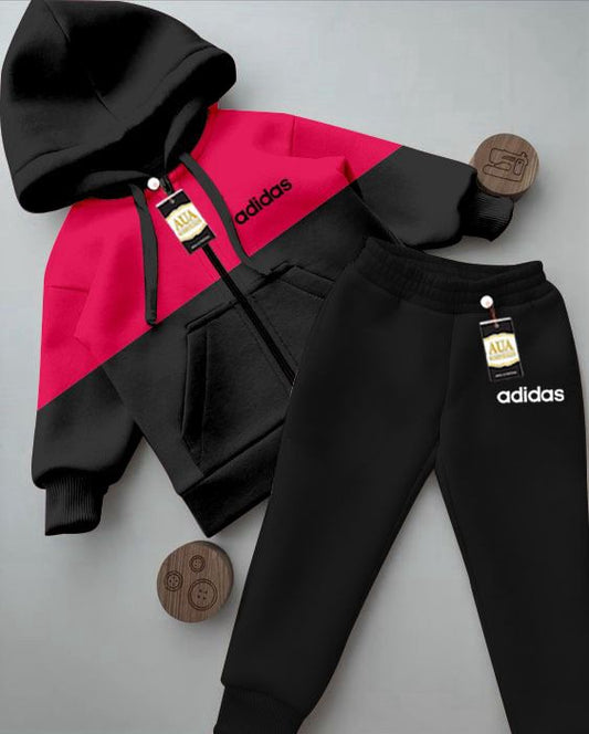 Addidas Printed Stylish Black & Red Kids' Tracksuit Set with Zipper Hoodie and Trousers (1-10 Years)"