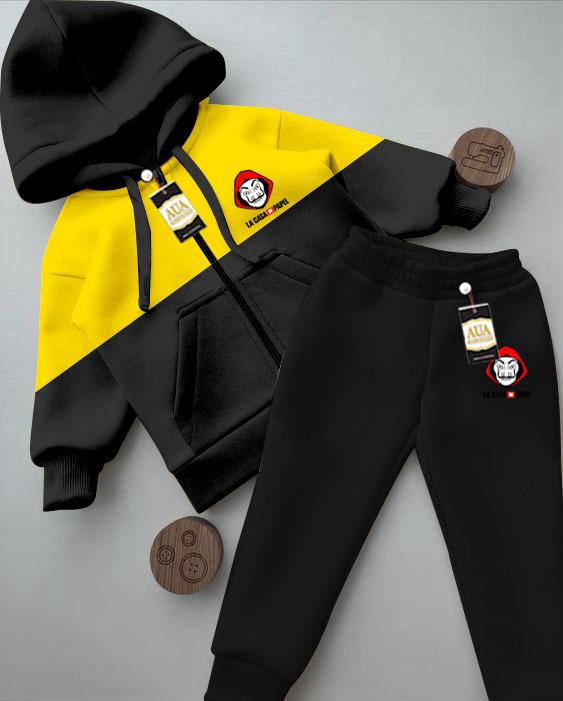 Mini Hoest bPrinted Stylish Black & Yellow Kids' Tracksuit Set with Zipper Hoodie and Trousers (1-10 Years)"