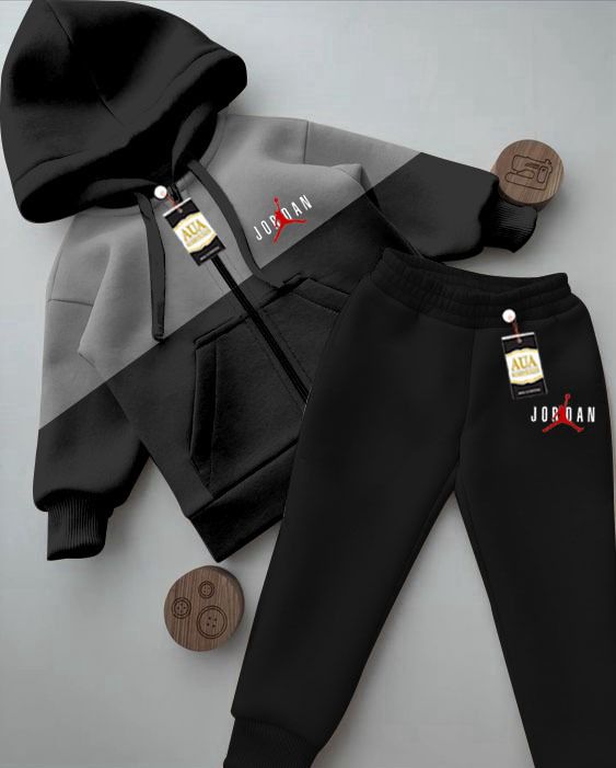 Jorden Printed Stylish Black & Grey Kids' Tracksuit Set with Zipper Hoodie and Trousers (1-10 Years)"