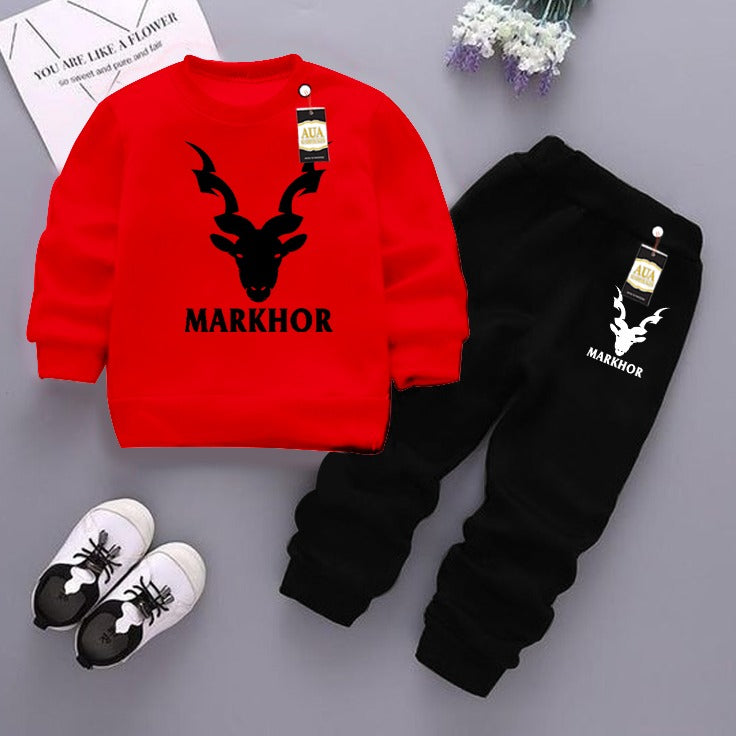 Red and Black (Markhor) Printed Kids Tracksuit for Winter By Aua Garments