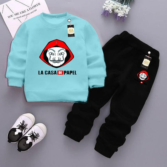 Sky Blue and Black (La Casa Be Papel) Printed Kids Tracksuit for Winter By Aua Garments