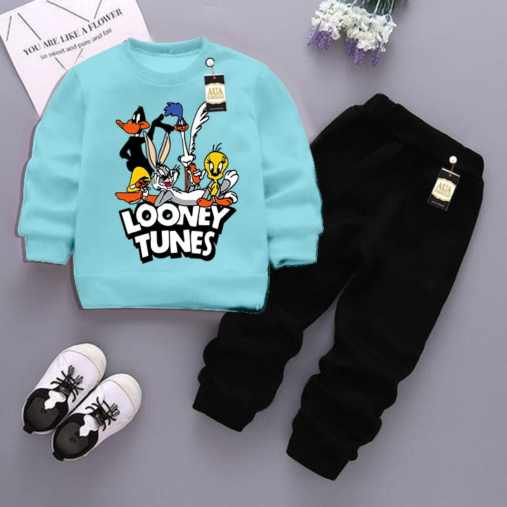 Sky Blue and Black (Looney Tunes ) Printed Kids Tracksuit for Winter By Aua Garments