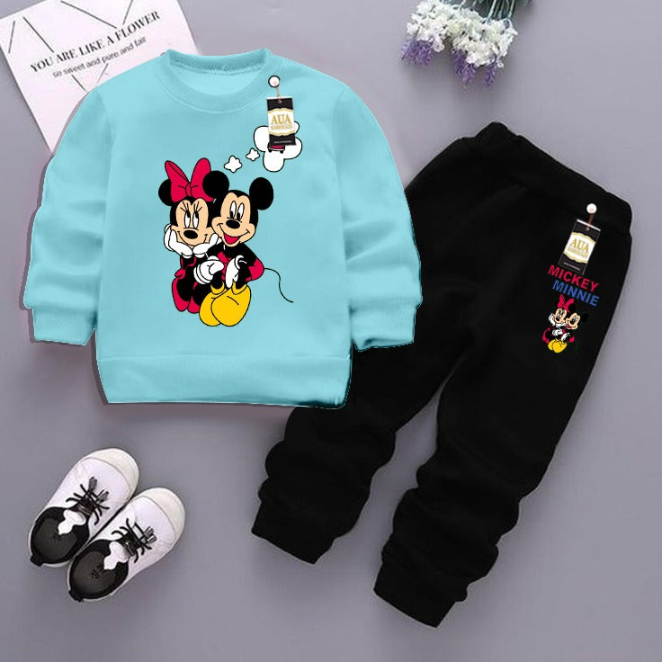 Sky Blue and Black (Micky Mouse) Printed Kids Tracksuit for Winter By Aua Garments