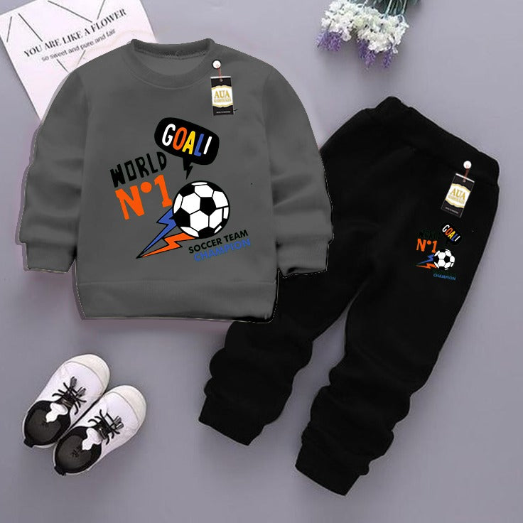 Dark Grey  and Black (Goal No 1) Printed Kids Tracksuit for Winter By Zarhas.pk