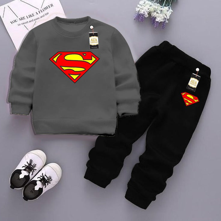 Dark Grey and Black (super Man) Printed Kids Tracksuit for Winter By Aua Garments