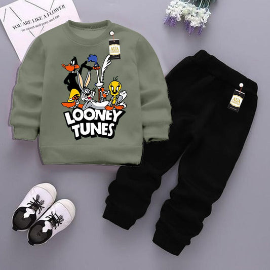 Light Green  and Black (Looney Tunes ) Printed Kids Tracksuit for Winter By Aua Garments