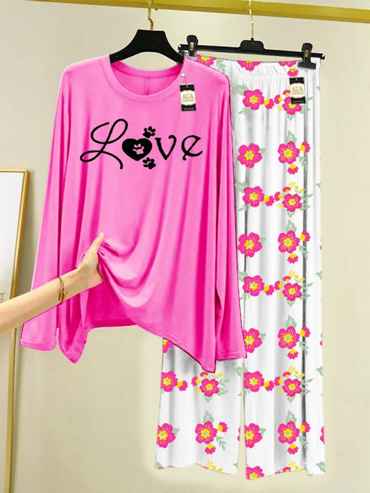 Pink Love Printed Nightwear Set with Flower Printed Trousers – Women's Lounge Wear (005)