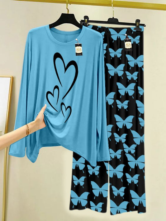 Sky Blue multi Heart Printed Nightwear Set With Black Butterfly Printed Trousers – Women's Lounge Wear (007)