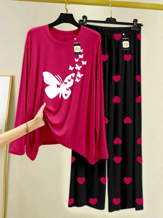 Dark Pink Flying Butterflies Printed Nightwear Set with Mini Heart Printed Trousers – Women's Lounge Wear (006)
