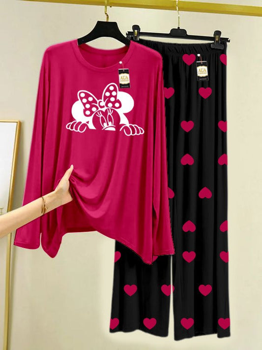 Dark Pink Mini Mouse Printed Nightwear Set with Mini Heart Printed Trousers – Women's Lounge Wear (006)