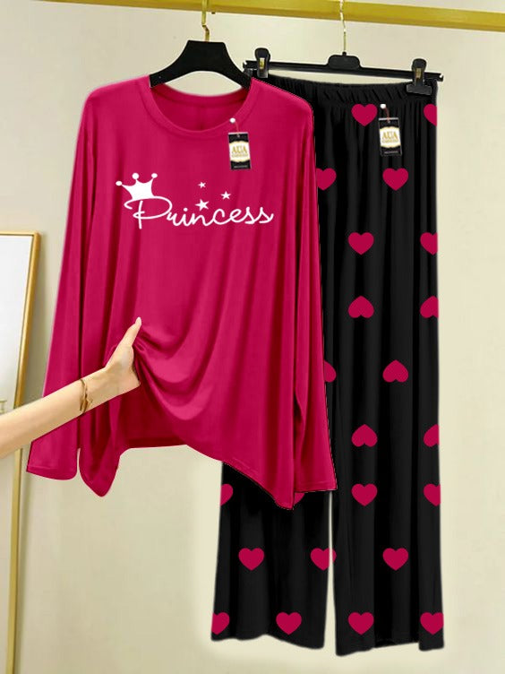 Dark Pink Princess Printed Nightwear Set with Mini Heart Printed Trousers – Women's Lounge Wear (006)