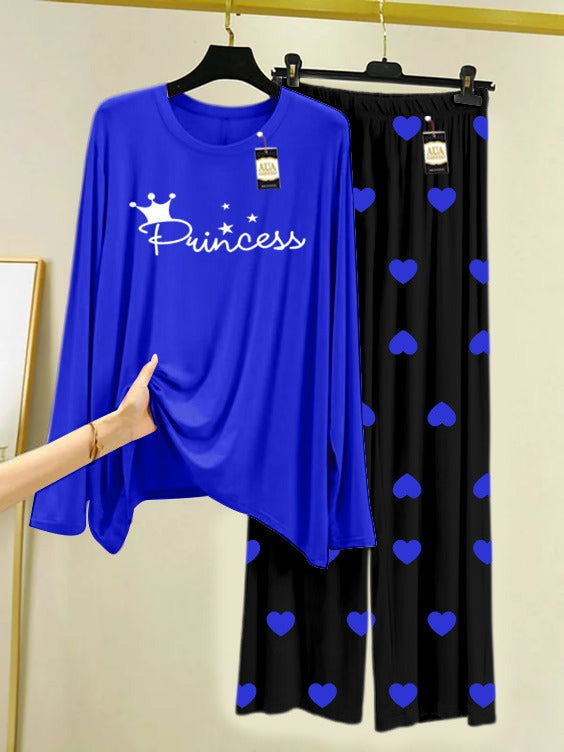Navy Blue Princess Printed Nightwear Set with Mini Heart Printed Trousers – Women's Lounge Wear (006)