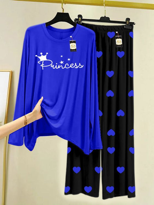Navy Blue Princess Printed Nightwear Set with Mini Heart Printed Trousers – Women's Lounge Wear (006)