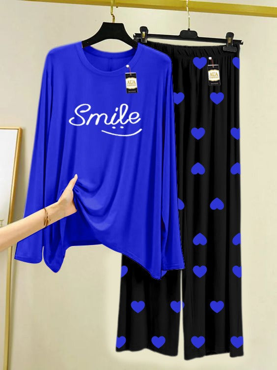 Navy Blue Smile Printed Nightwear Set with Mini Heart Printed Trousers – Women's Lounge Wear (006)