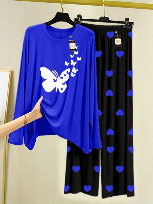 Navy Blue Flying Butterflies Printed Nightwear Set with Mini Heart Printed Trousers – Women's Lounge Wear (006)
