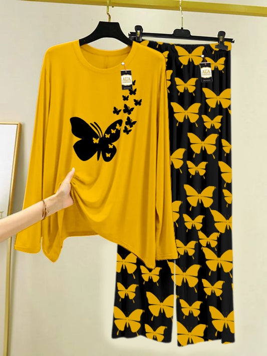 Yellow flying butterfly  Printed Nightwear Set With Black Butterfly Printed Trousers – Women's Lounge Wear (007)