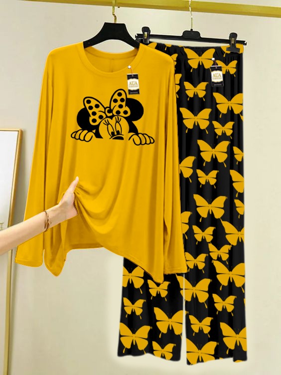 Yellow Mickey face  Printed Nightwear Set With Black Butterfly Printed Trousers – Women's Lounge Wear (007)