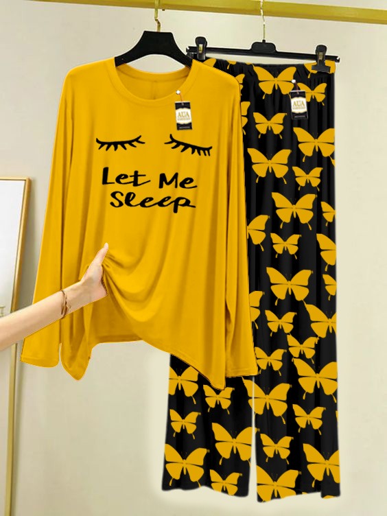 Yellow Let Me Sleep  Printed Nightwear Set With Black Butterfly Printed Trousers – Women's Lounge Wear (007)