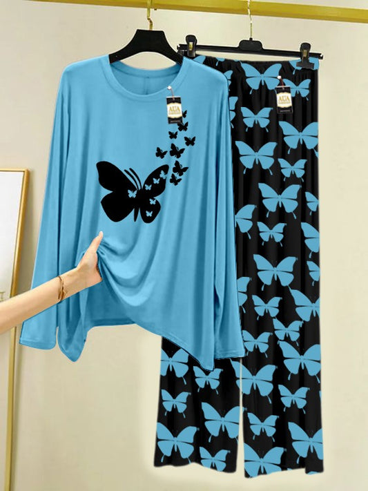 Sky Blue Flying Butterfly Printed Nightwear Set With Black Butterfly Printed Trousers – Women's Lounge Wear (007)