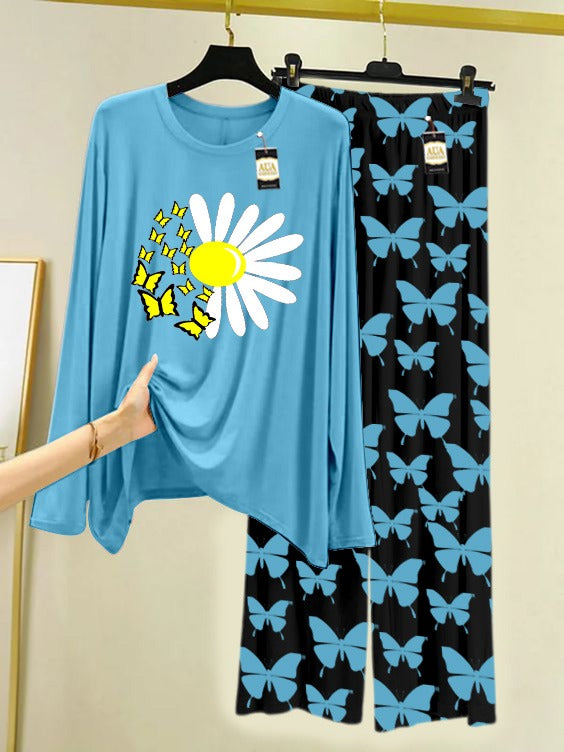 Sky Blue Sun Flower  Printed Nightwear Set With Black Butterfly Printed Trousers – Women's Lounge Wear (007)