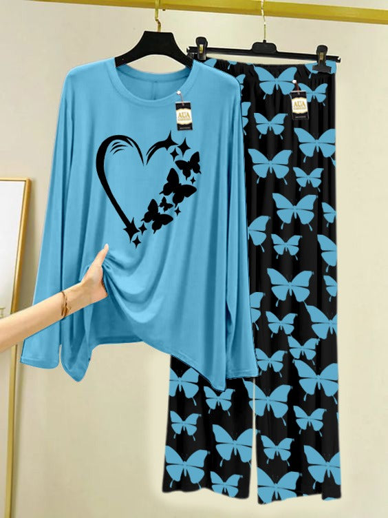 Sky Blue Flying Butterfly Printed Nightwear Set With Black Butterfly Printed Trousers – Women's Lounge Wear (007)