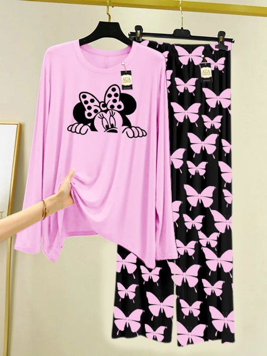 Baby Pink Mickey Face  Printed Nightwear Set With Black Butterfly Printed Trousers – Women's Lounge Wear (007)