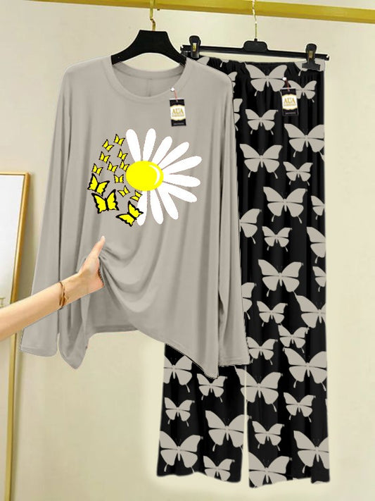GREY Sun Flower Printed Nightwear Set With Black Butterfly Printed Trousers – Women's Lounge Wear (007)