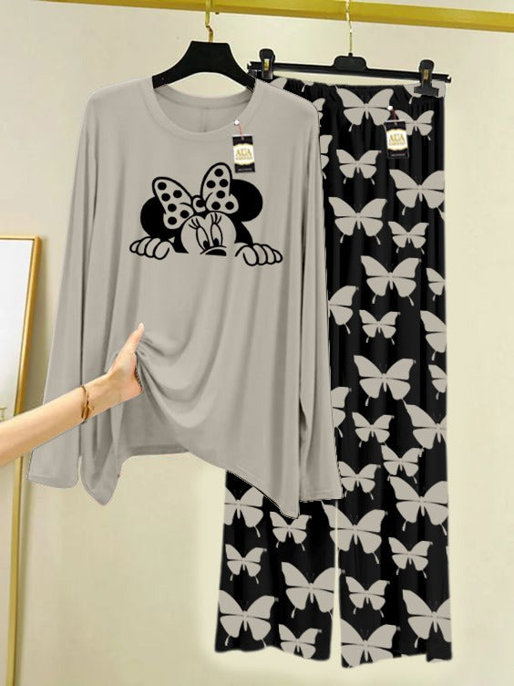 GREY Mickey Face Printed Nightwear Set With Black Butterfly Printed Trousers – Women's Lounge Wear (007)