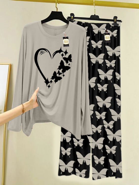 GREY WOMEN Heart  Printed Nightwear Set With Black Butterfly Printed Trousers – Women's Lounge Wear (007)