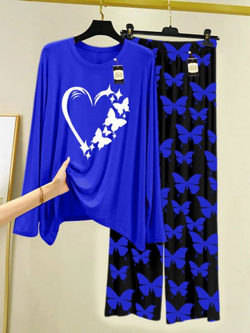 Navy Women Heart Printed Nightwear Set With Black Butterfly Printed Trousers – Women's Lounge Wear (007)
