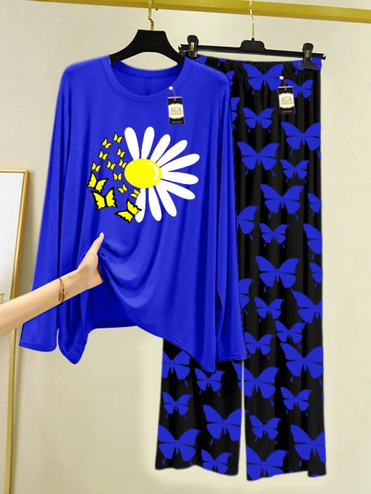 NAVY Sun flower  Printed Nightwear Set With Black Butterfly Printed Trousers – Women's Lounge Wear (007)