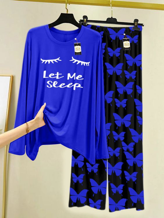NAVY Let Me Sleep Printed Nightwear Set With Black Butterfly Printed Trousers – Women's Lounge Wear (007)