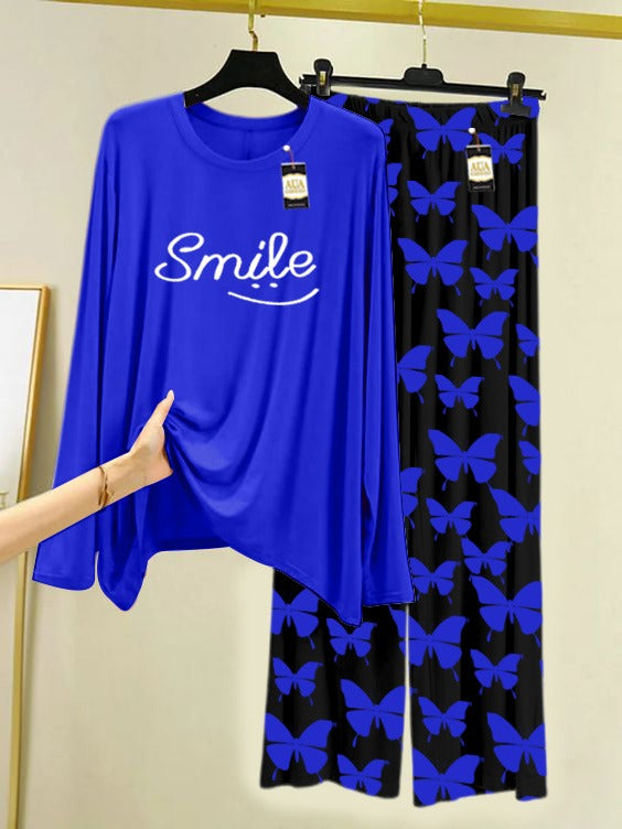 NAVY Smile  Printed Nightwear Set With Black Butterfly Printed Trousers – Women's Lounge Wear (007)