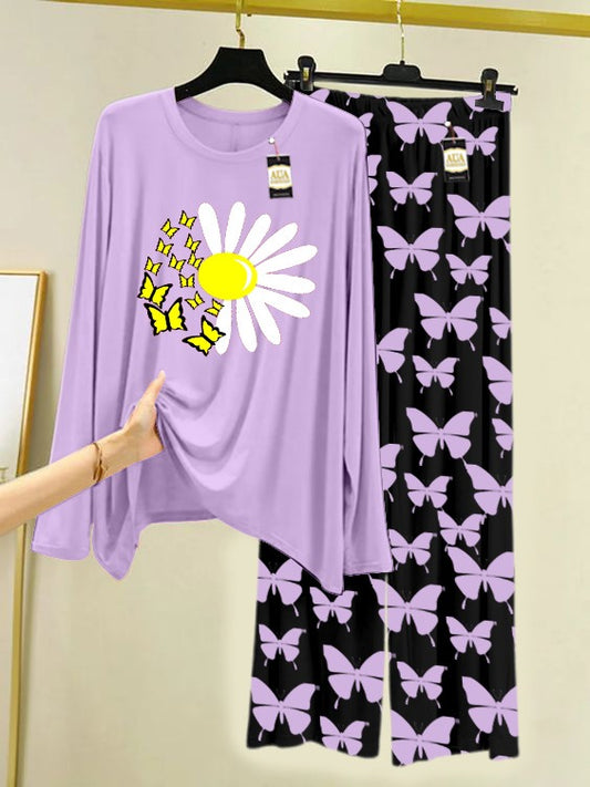 PURPLE Sun Flower  Printed Nightwear Set With Black Butterfly Printed Trousers – Women's Lounge Wear (007)